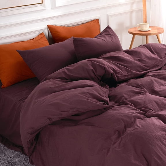 Duvet Cover Set Queen Size Linen Look Textured 100% Washed Cotton Duvet Cover Burgundy Dark Red 3 Pieces Bedding Set with Zipper Closure,Breathable, Soft Organic Natural(No Comforter)