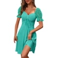 thumbnail image 3 of Womens Summer Sweetheart Neck Short Puff Sleeve Mini Drawstring Casual Slim Flowy Dress Sundress, 3 of 6