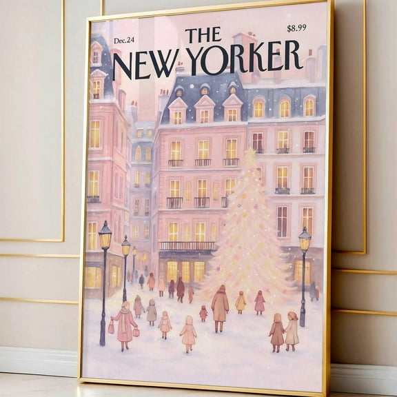 Pink Nyc New Yorker Cover Poster, Vintage Holiday Scene Printable, Trendy Aesthetic Pink Wall Art Decor UNFRAMED Poster, Wall Art for Decor, Present, 8x12