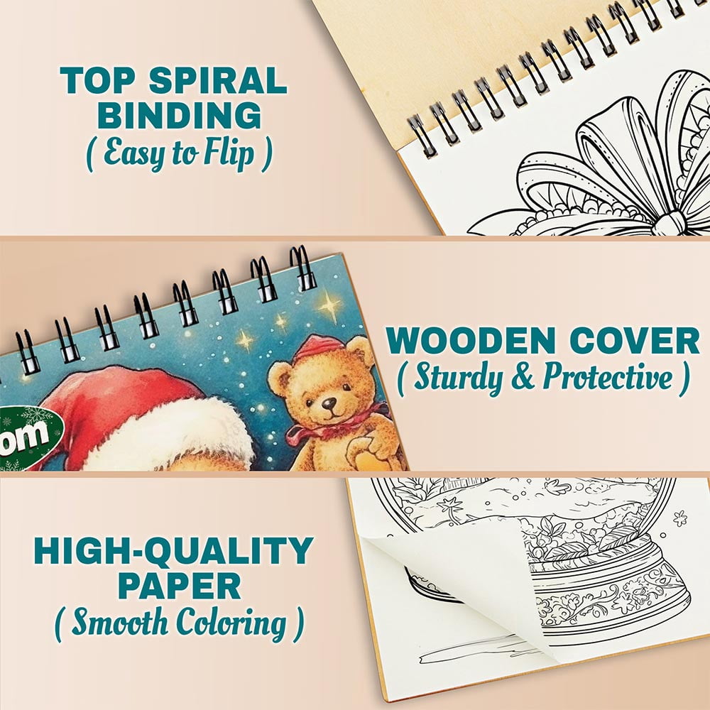 Netecom Cheerful Christmas Coloring Book Spiral Bound For Adults, A5 Wooden Cover, 30 Joyful Coloring Pages of Festive Holiday Scenes for Stress Relief and Relaxation