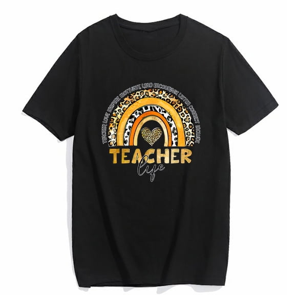 Women's T-Shirt Leopard Rainbow Teacher Life Teaching Teacher Day of School Casual Short Sleeve Top Black X-Large