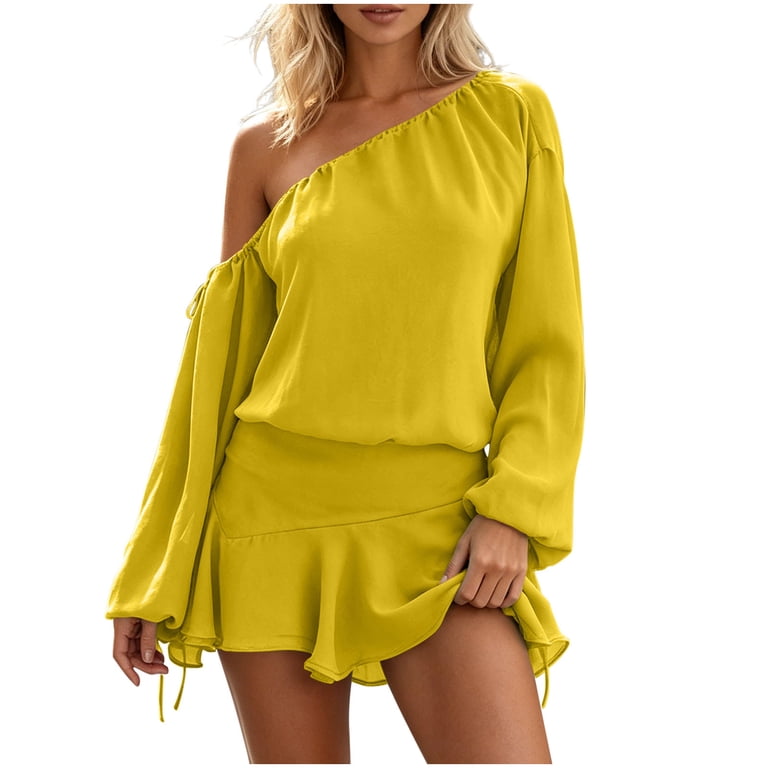 Asgosdo Women One Shoulder Long Sleeve Chiffon Ruffle Hem Casual Party Mini Dress