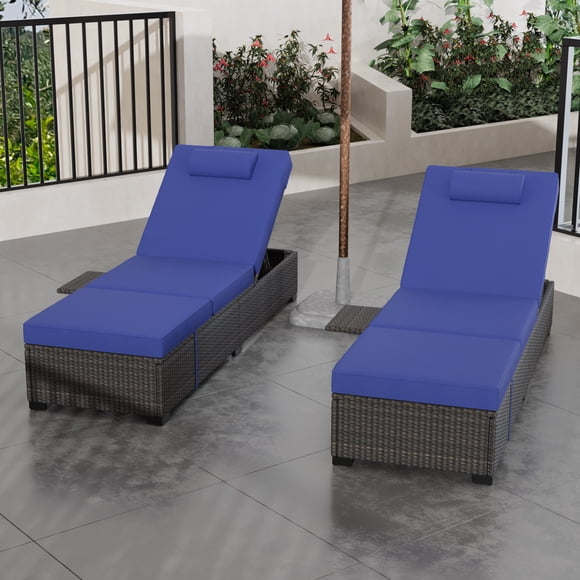 5 Position Chaise Lounge Set of 2 PE Wicker, Outdoor Patio Reclining Sun Loungers with Cushions and Side Table, 380 lbs Poolside Deck Garden, Brown/Beige