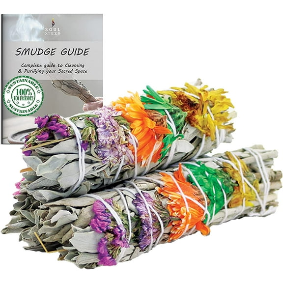 3 Pack Floral White Sage Smudge Sticks with Smudging Guide | GOOD VIBES | Smudging Sticks with Flowers for Positive Vibrations