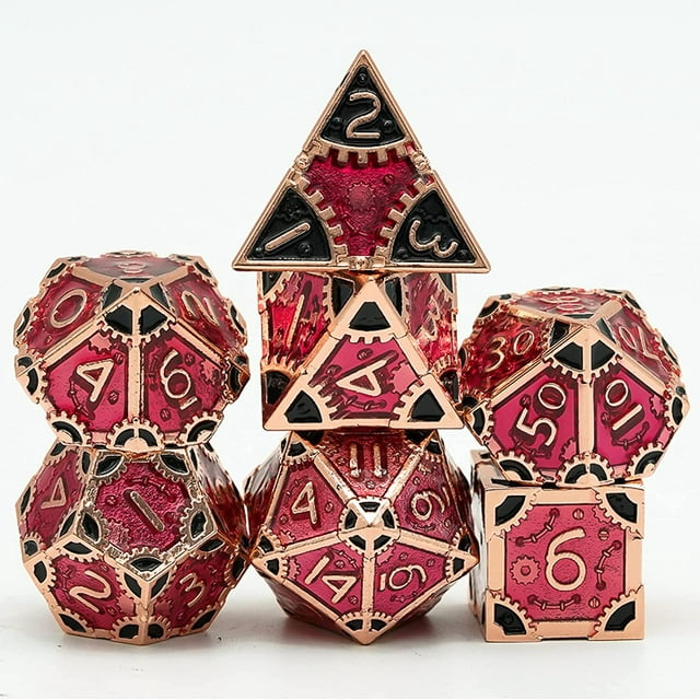 GFDYREE Steampunk Style Metal Dice Set 7 Die Polyhedral DND Dice Set D&D Dice for Dungeons and Dragons Role Playing Game and Math Teaching (Red Copper-Red Black)