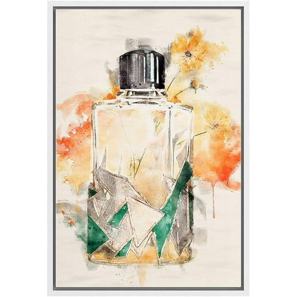 Wall26 Framed Canvas Wall Art Chic Green And Silver Perfume Bottle With Orange Flowers Pop Culture Fashion Watercolor Modern Art Glam Expressive For Living Room, Bedroom, Office - 24X36 Inches - Walmart.com -