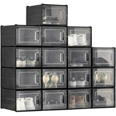 Black Shoe Storage Boxes, 16 Pack Stackable Shoe Organizer Plastic ...