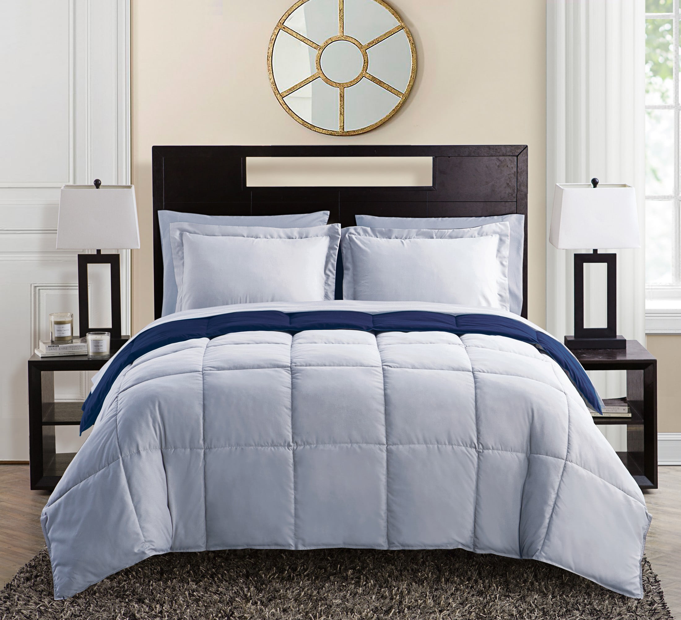 VCNY Home Lincoln 7-Piece Navy/Grey Solid Color Reversible Bed in a Bag, King, Adult, Unisex