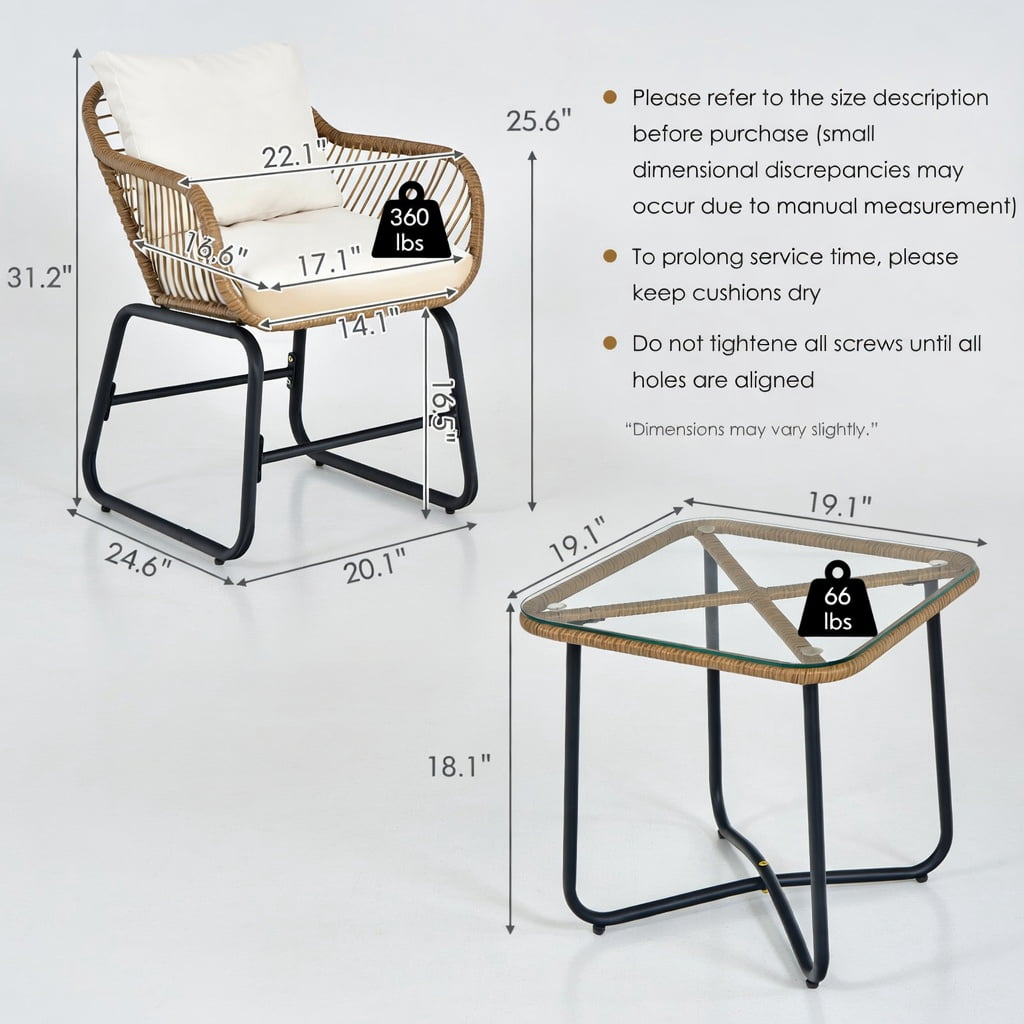 Hommoo 3-Piece Outdoor Bistro Set, PE Rattan Chairs with Square Tempered Glass Coffee Table, Includes Cushions & Lumbar Pillows for Patio, Balcony & Garden, White