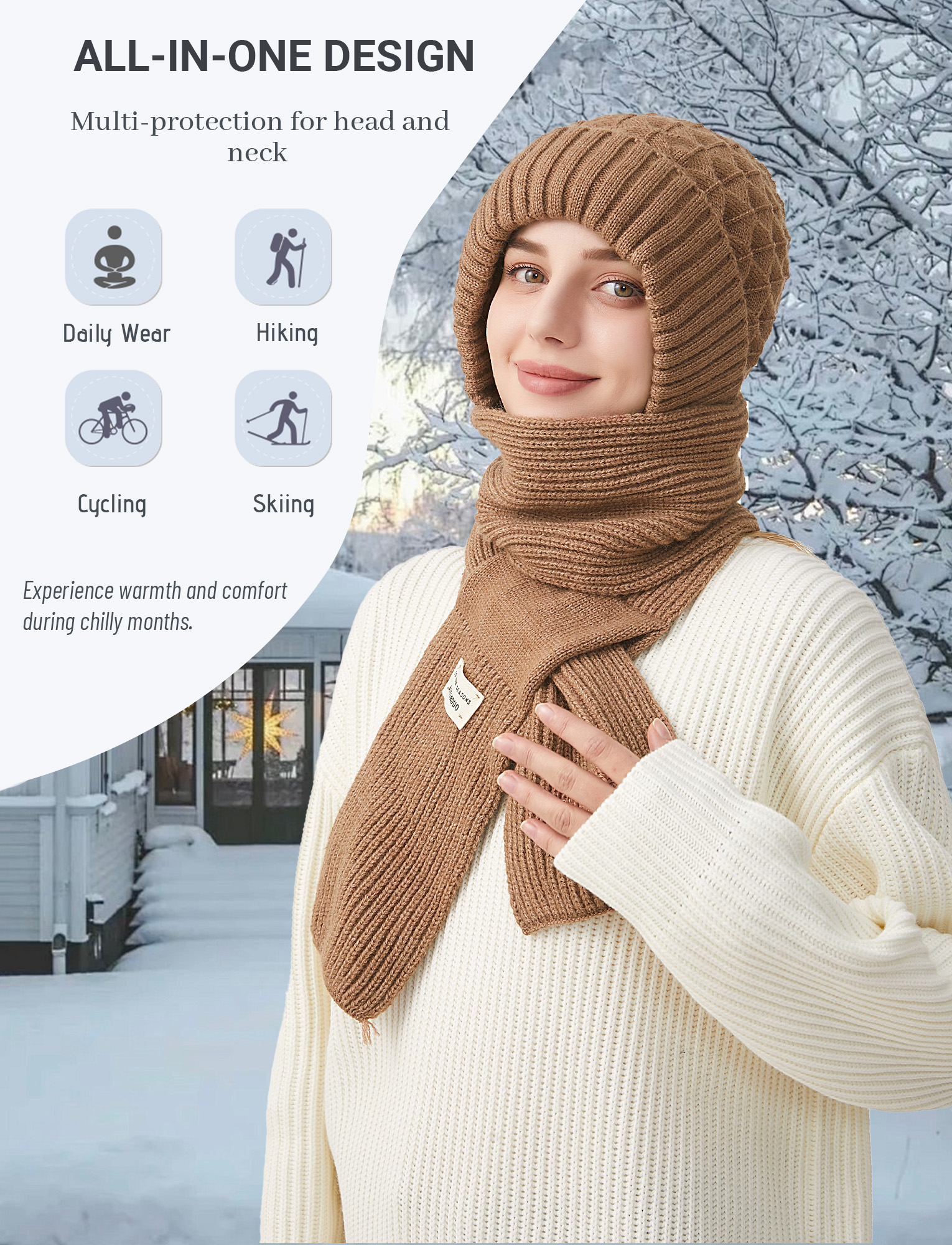 FEOYA Fleece Balaclava Hat Hood Scarf Women Integrated Ear Protection Windproof Cap Scarf One-Piece Hats Scarf Beanie Warm Knitted Ski Scarf Hat Khaki