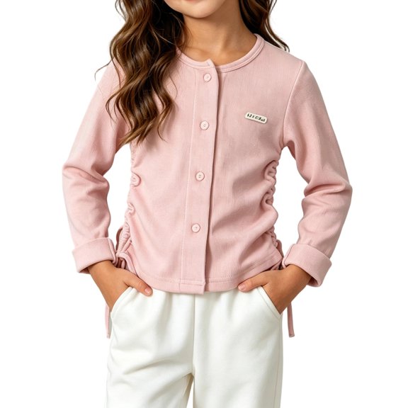 Maqroz Girls Cardigan Sweaters Button Down Long Sleeve Jackets Round Neck Tops with Ruched Side Drawstrings Casual Fall School Outerwear for Kids
