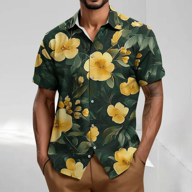 Blusa y camisa de manga corta con cuello vuelto Camisa casual para hombre Camisa de bolos vintage de manga corta Camisas de verano Camisa abotonada Blusa para hombre Poliéster