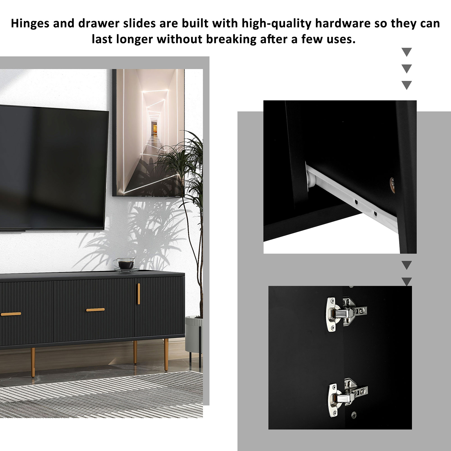 Kepooman Modern TV Stand with 5 Champagne Legs, TV Cabinet with Storage Bin for Living Room, Black Kepooman Modern TV Stand with 5 Champagne Legs, TV Cabinet with Storage Bin for Living Room, Black