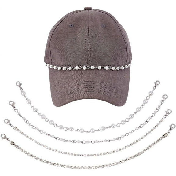 4 Pcs 4 Styles Trucker Hat Chains Hip-Pop Style Trucket Hat Charms DIY Pearl/Brass Rhinestone Decoration Chains Cap Accessories Chains for Mesh Baseball Cap Bill Hat Party Supplies 28.5cm Platinum
