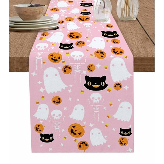 Pink Halloween Burlap-Cotton Table Runner 72 Inches Long,Halloween Ghost Orange Pumpkin Farmhouse Table Runners,Outdoor Dining Tablecloths Decor for Baby Shower Party Wedding 14x72