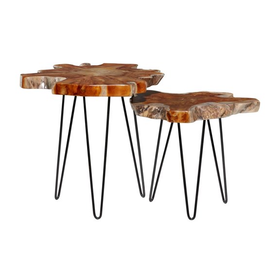 DecMode 20" x 21" Brown Teak Wood Live Edge Top Accent Table with Black Metal Hairpin Legs, 2-Pieces