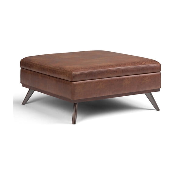 41" Square Coffee Table Ottoman - XL Storage, Distressed Brown Faux Leather
