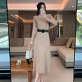 thumbnail image 3 of Ropa de mujer, tiro estilo coreano, cuello redondo, manga de murciélago, hombros caídos, falda de media longitud con vuelo grande con cinturón de aguja, 3 of 5