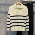 thumbnail image 4 of Ropa para hombre, polos a rayas, suéter de punto, moda japonesa Harajuku para hombre, beige, elegante, manga larga, 100 % nuevo, 4 of 4