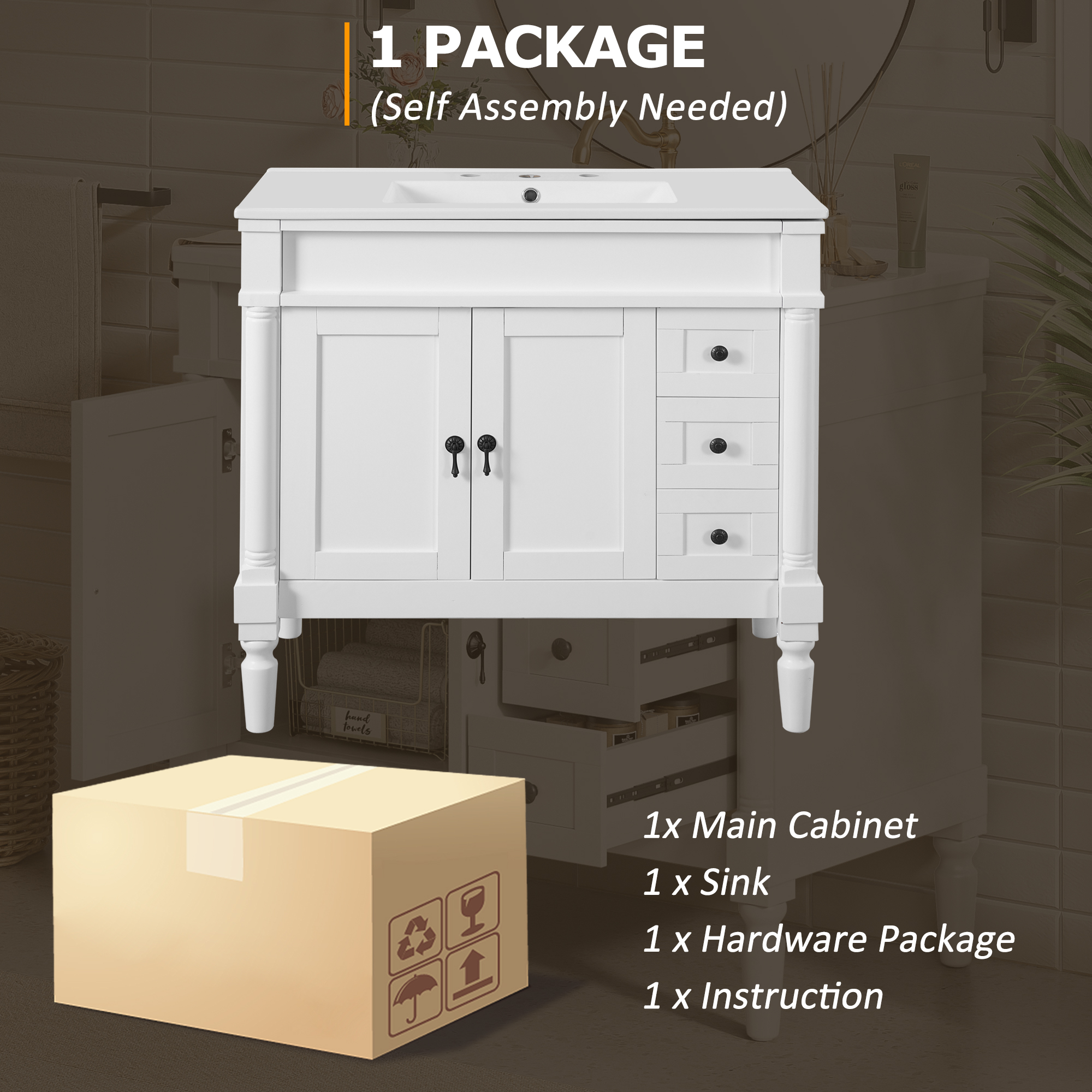 Euroco 36" Bathroom Vanity with Ceramic Sink, Standard Drawers, Soft Close Doors, Adjustable Shelves, Modern Storage Cabinet for Small and Medium Bathrooms