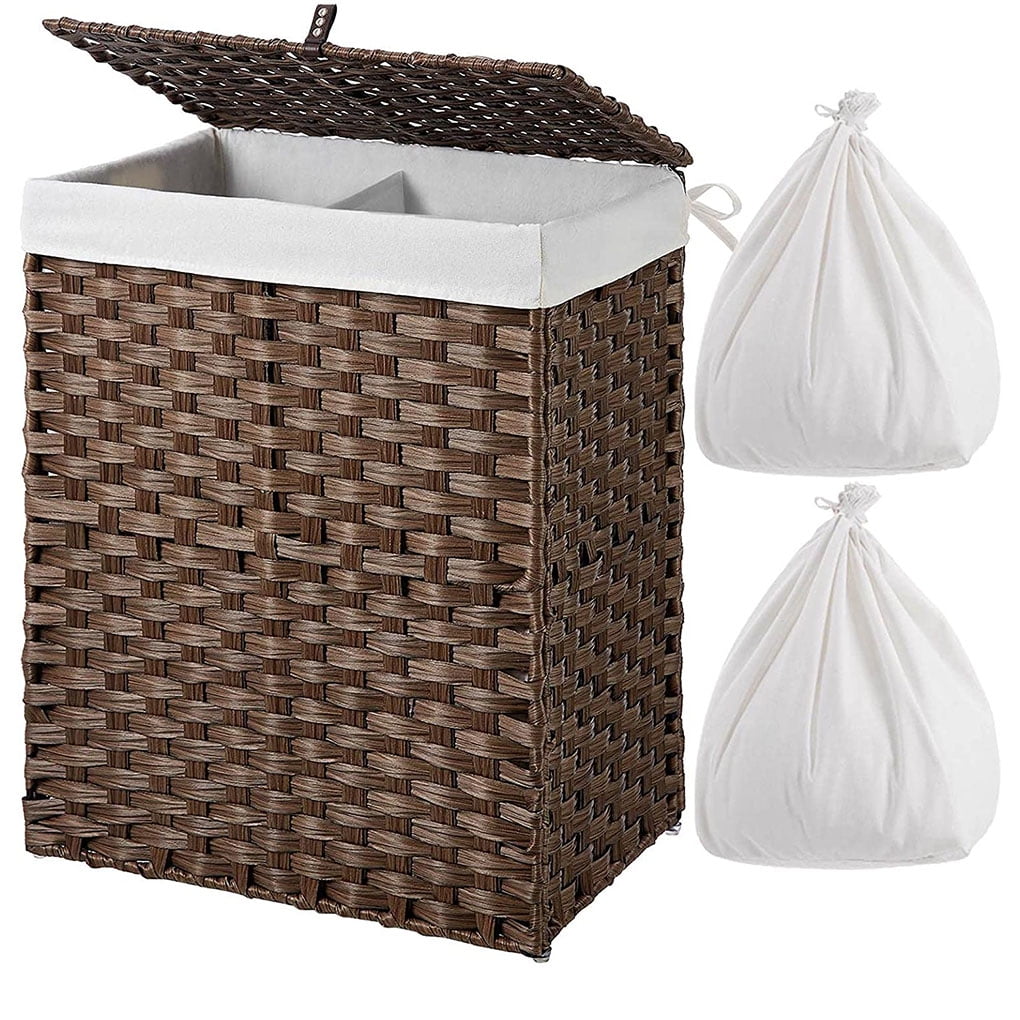 Removable Liner Bag SONGMICS Handwoven Laundry Basket Natural LCB51NL Stable Iron Frame 90L Synthetic Rattan Wicker Clothes Hamper with Lid and Handles Foldable 