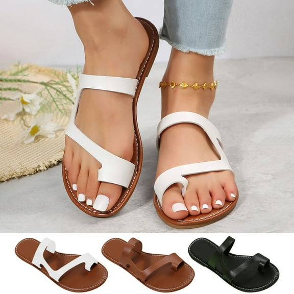 Cethrio Sandals for Women Flats Shoes- Wide Width 2025 Flat Slides Sandal Flip Flops Clip-Toe White Dressy Sandals/ Slides Size 9