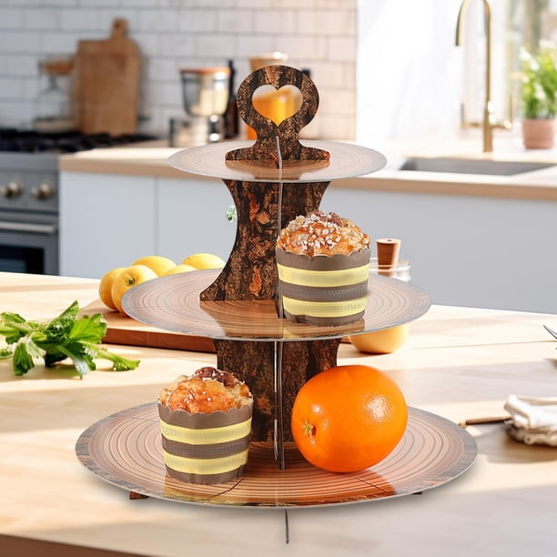 Soporte de cartón de 3 niveles para cupcakes, decoración para fiestas, expositor de alimentos, bandeja decorativa con de madera para servir, para