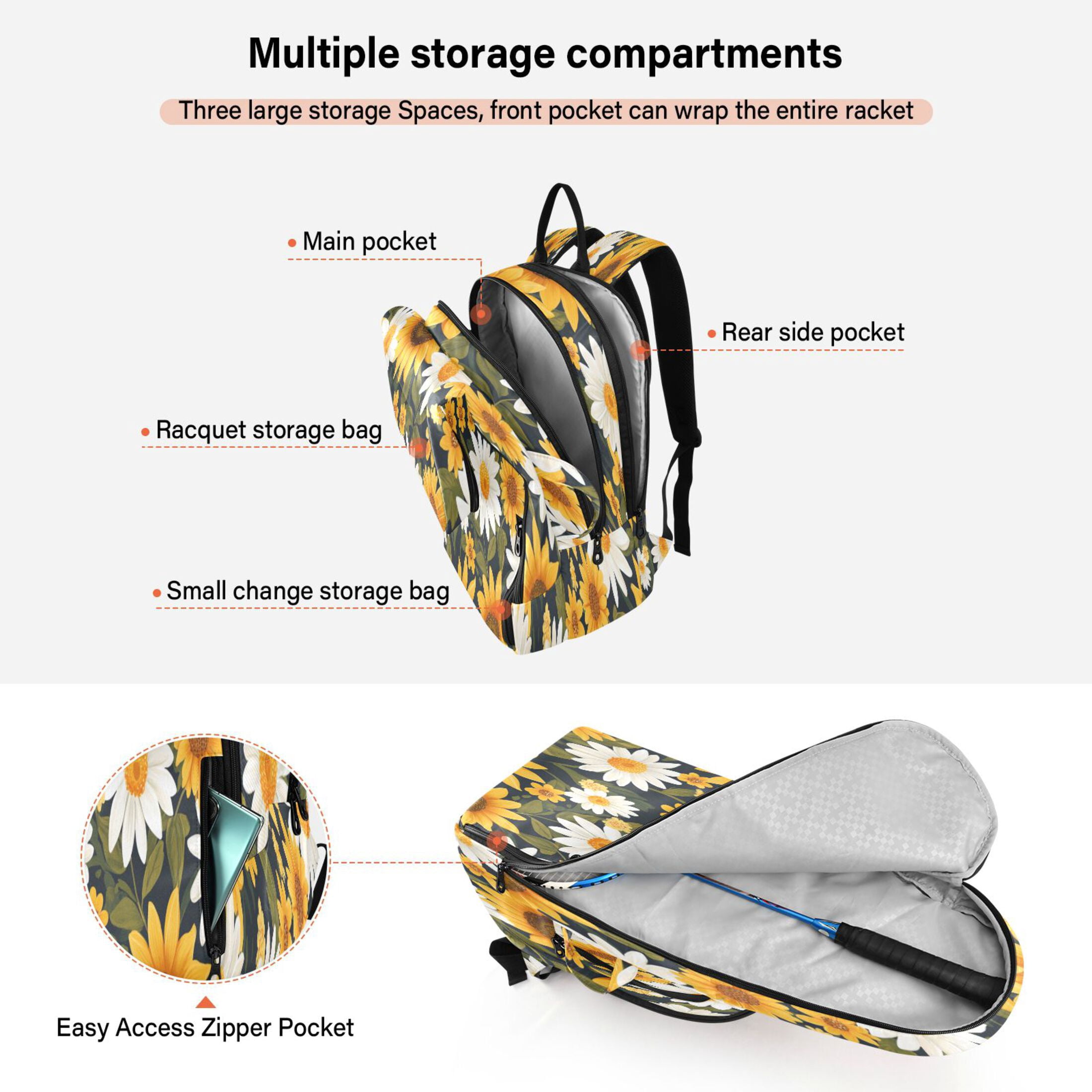 2 Racquet Holder Tennis Backpack Tennis Racket Covers Gym Bags Daisy Sunflowers