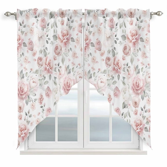 Pink Rose Swag Curtains for Kitchen/Bedroom/Living Room, Modern Simple Romantic Flowers Floral Leaves Scalloped Curtains 63 Inch Long, Window Swag Topper Curtains Valances 2 Panels Set 36"x63"