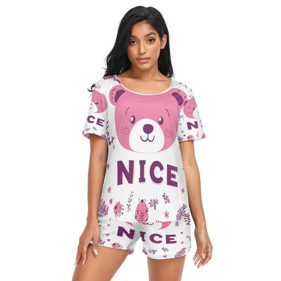 Women Pajama Sets Short Sleeve Sweatshirts Cute Bears Printing Casual Tops and Shorts