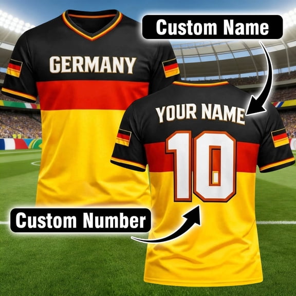 Custom Germany National Team Football Shirt with Personalized Name & Number – Patriotic V-Neck Soccer for Matches, Fan Events & Casual Wear – Breathable Athletic Performance Tee (S-XXXL)