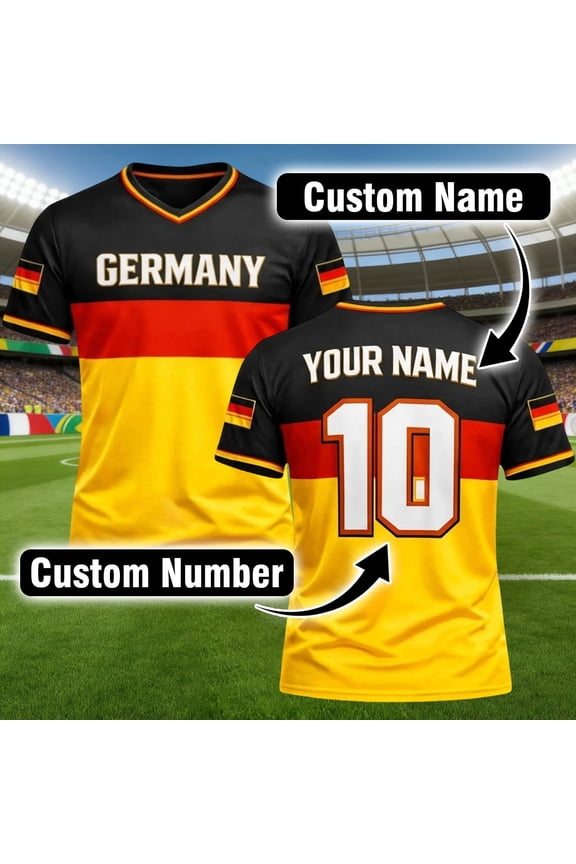Custom Germany National Team Football Shirt with Personalized Name & Number Patriotic V-Neck Soccer for Matches, Fan Events & Casual Wear Breathable Athletic Performance Tee (S-XXXL)