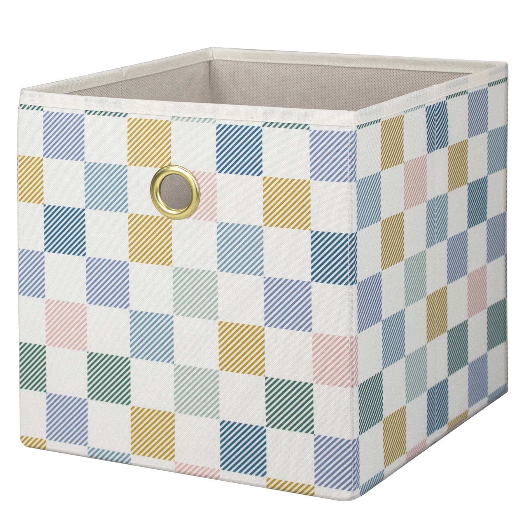 (2 pack) Mainstays Collapsible Fabric Cube Storage Bin, Multi Check, Closet Organizer with Metal Handle, 10.5 Inch