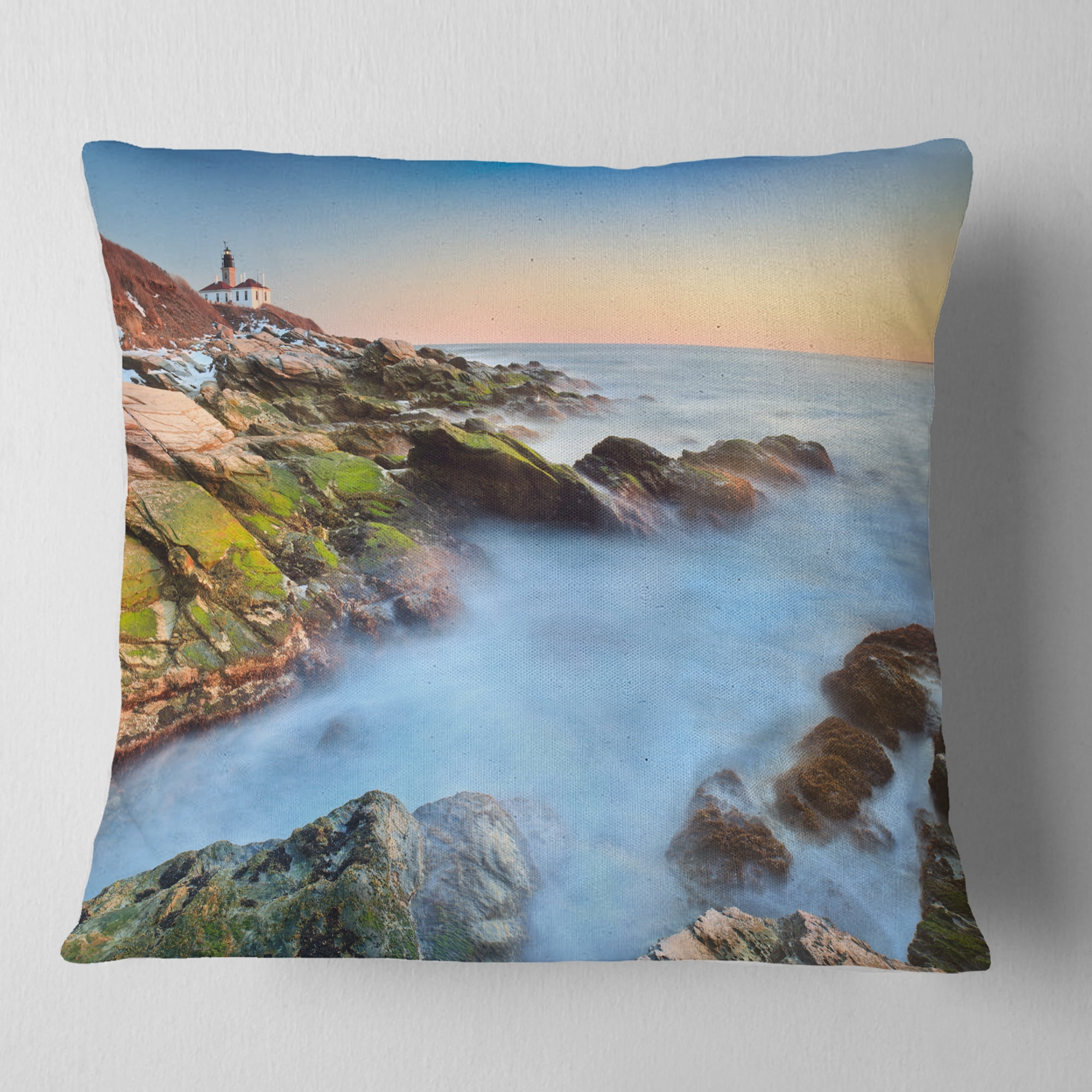 Designart Beavertail Lighthouse During Winter - Beach Photo Throw Pillow - 18x18
