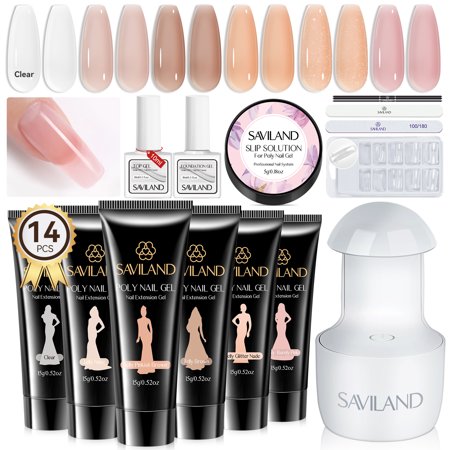 Saviland Poly Extension Gel Nail Kit – 6 Colors Poly Nail Gel Kit with Nail Lamp ,Base and Top Coat ,Poly Brush Slip Solution For Builder Nail Gel
