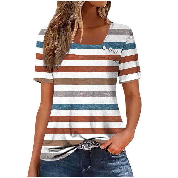 Womens Tops Under $10 2026 Summer Square Neck Tops for Women Trendy Floral Print Short Sleeve Boho Tshirt Casual Loose Fit Button Blouses Brown S