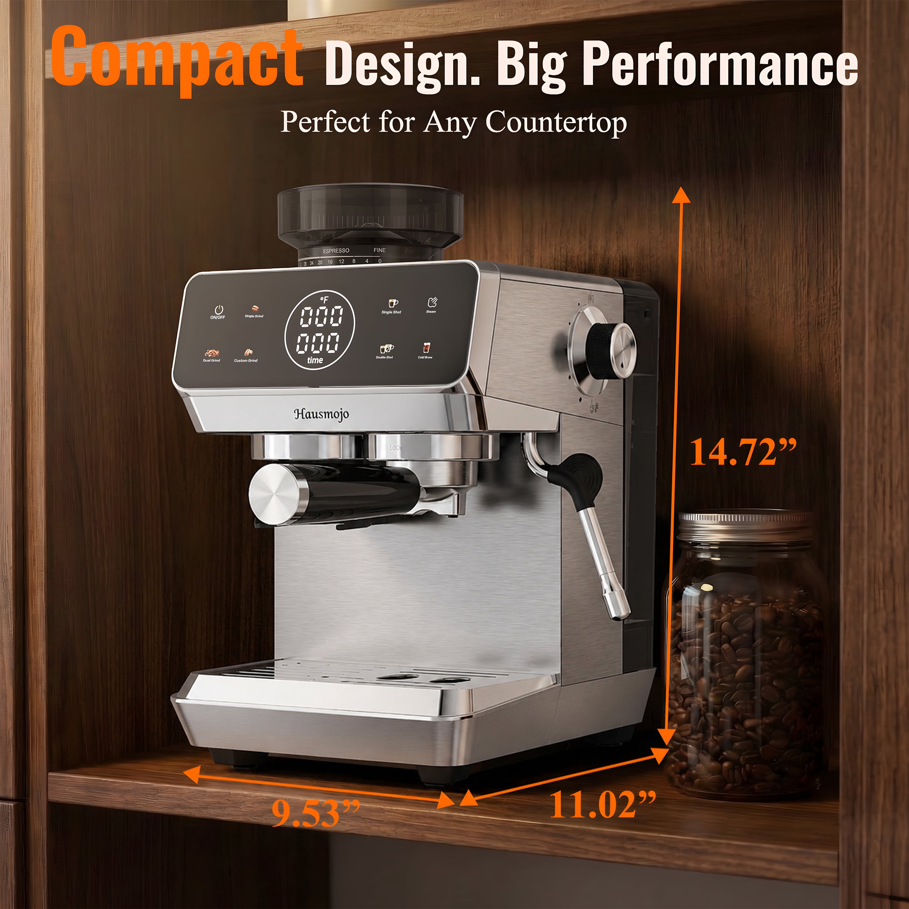 Hausmojo CM1620 Espresso Machine with Grinder and Frother, 20‑Bar Pump, Cold Brew, Latte & Cappuccino, Stainless Steel