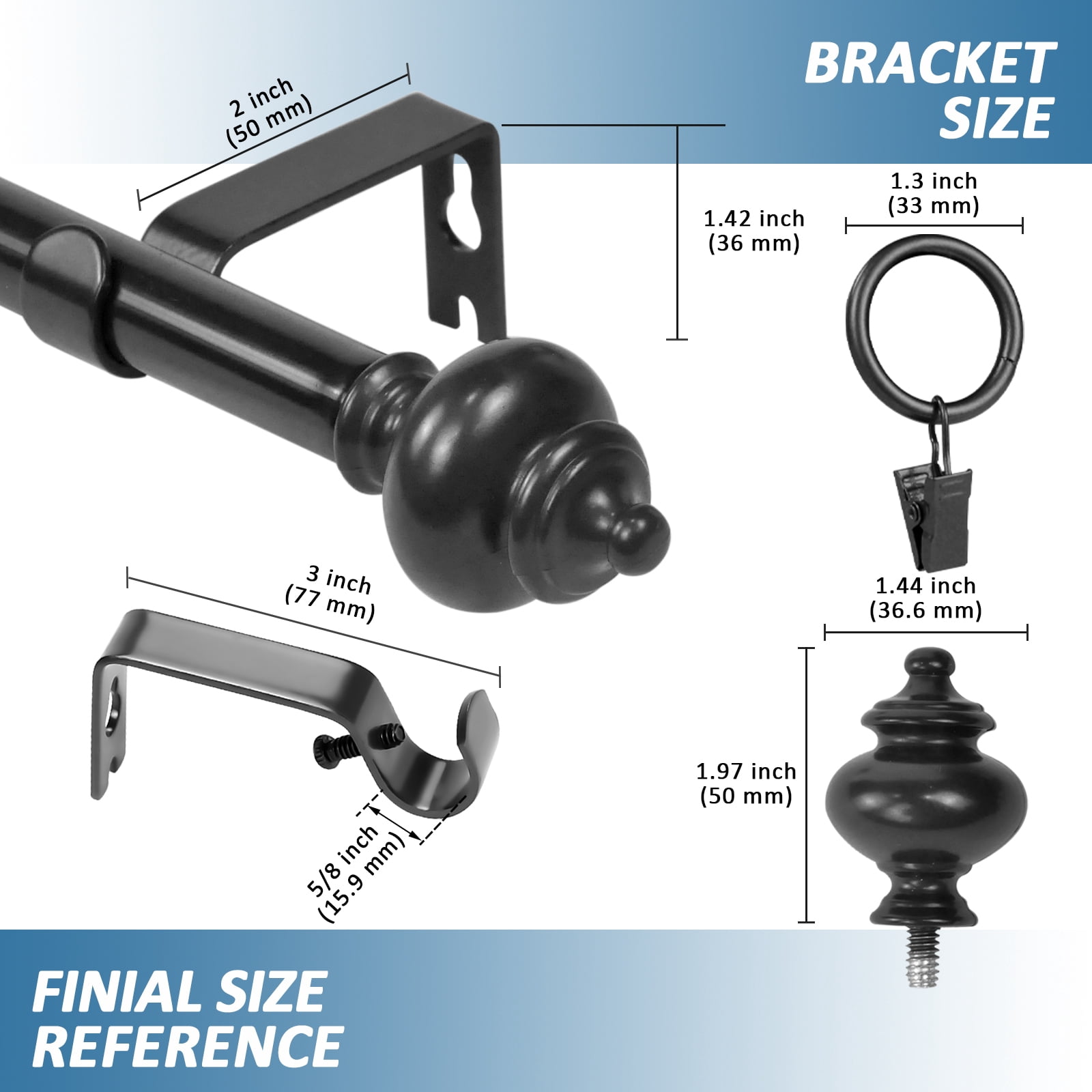 Urbanest Round Urn Curtain Rod Set With 16 Rings, 5/8", 48"-84", Black
