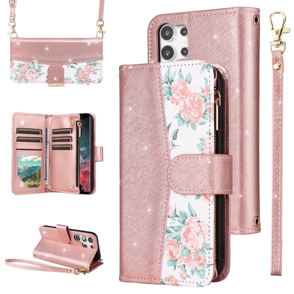 Furiet for Samsung Galaxy S21 Ultra 5G Floral Wallet Case with Flip Zipper Purse Wrist Strap Shoulder Strap Glitter PU Leather Card Holder Stand Phone Cover for S21ultra 21S S 21 21ultra G5 Rose Gold