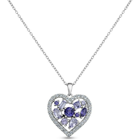 Genuine Amethyst and White Topaz Sterling Silver Multiple-Shape Heart Pendant Necklace, 18