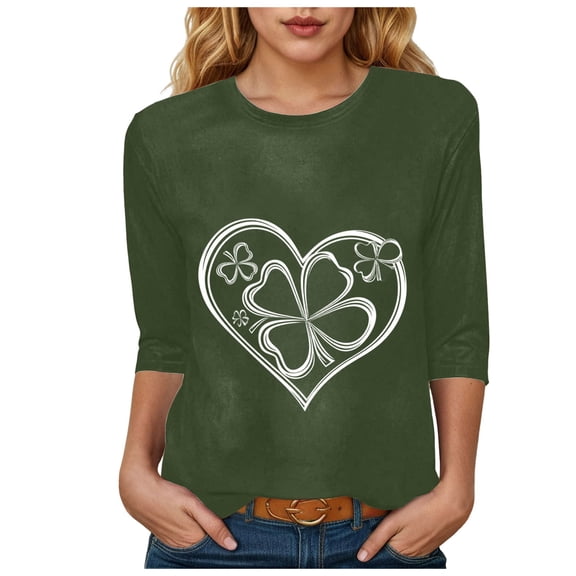 felwors Womens Tops 3/4 Sleeve T Shirts Plus Size Crewneck Flowers Graphic Basic Tees for Women Fall Fashion Clothes 2025 (Army Green, XXL)