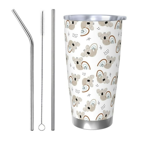 

Uemuo Cartoon Koala Print Travel Coffee Mug 20oz Double-walled Car Cup Stainless Steel Insulated Tumbler Leak-proof Travel Cup Reusable Straw Car Cup-Straw Three-piece Set