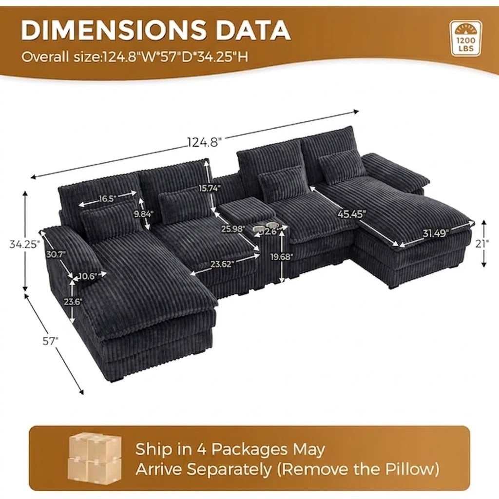 Howcool 124" U Shaped Modular Sectional Sofa, 6 Seat Oversized Cloud Couch with Double Chaise & Central Console, Plush Corduroy Sectional Couch with USB Ports, for Living Room,Dark Grey