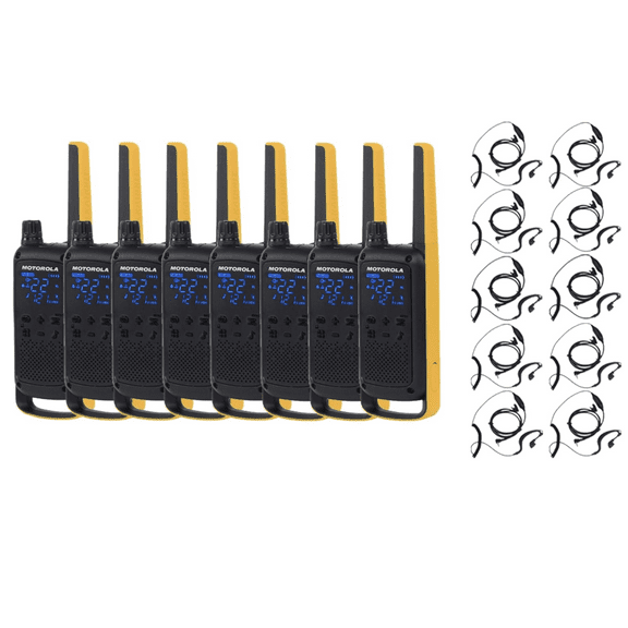 Motorola Talkabout T470 Two Way Radio 8-Pack Walkie Talkies Black/Yellow with 10 PTT Curl Earpieces