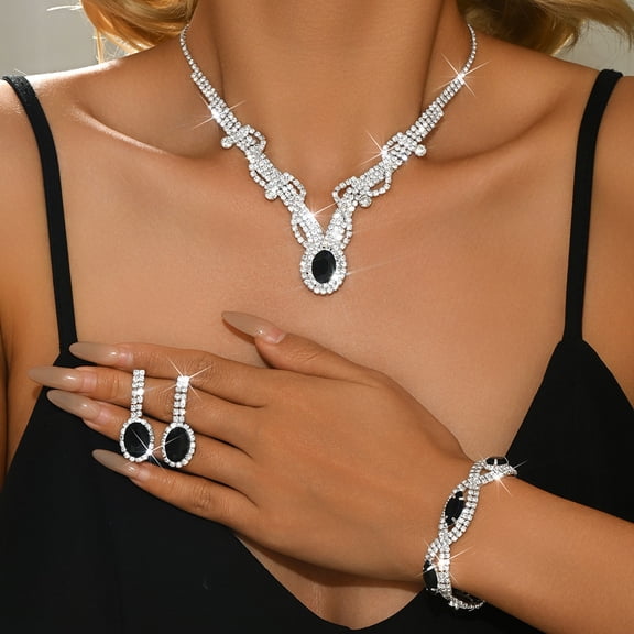 AEXTO Silver Reinstone Jewelry Set 3pcs Statement Necklace, Dangle Earrings Stretch Bracelet with Oval-Cut Rhinestones, Elegant Accessories for Women, Perfect for Evening Parties, Banquets & Weddings
