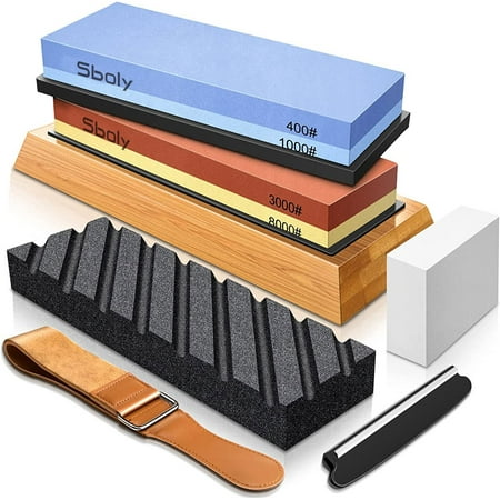 

Sboly Sharpening Stone Knife Sharpeners - 400/1000 + 3000/8000 Grit Whetstone with Flattening Stone Stone Fixer Leather Strop Bamboo Base 3 Non-Slip Rubber Bases & Angle Guide