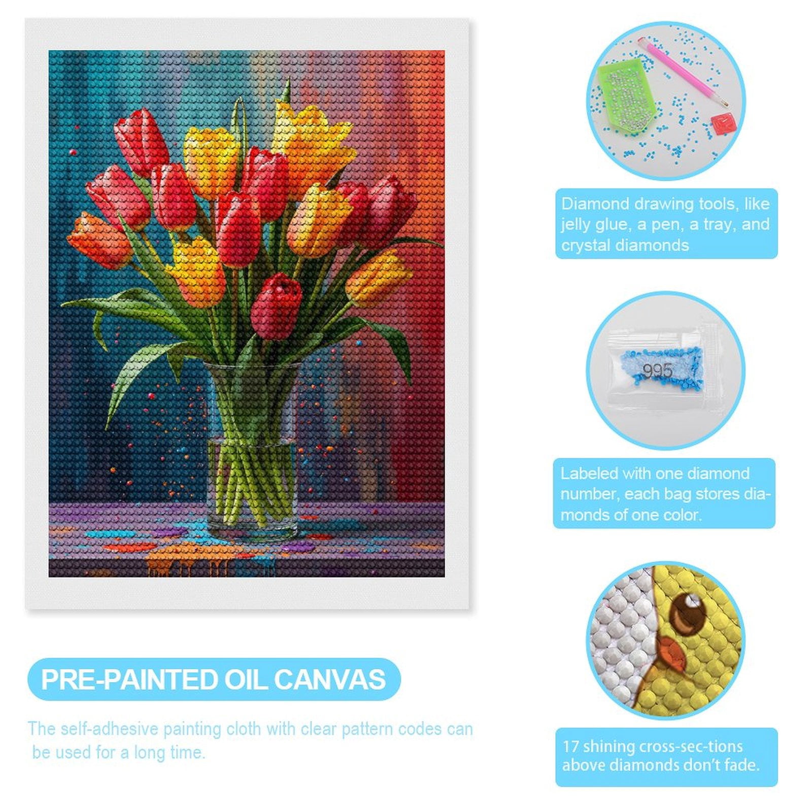 Diamond Art Kits for Adults, Colorful Tulips In Glass Vase Painting 5D Diamond Painting Kits for Adults Beginners, DIY Full Drill Diamond Painting, Gem Art and Crafts 12x16