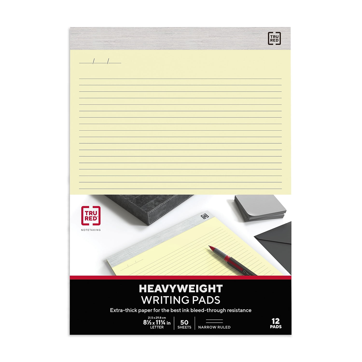 Staples TRU RED Notepads 8.5" x 11.75" Narrow Ruled Canary 50 Sheets/Pad 12 Pads/Pack (TR57383)