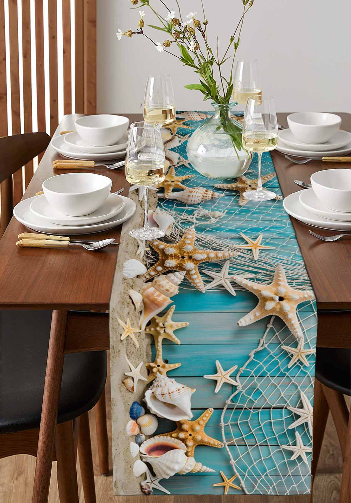 Table Runner Beach SeaTheme Table Decoration for Kitchen Dinning Starfish Seashell Nautical Table Decoration for Indoor Outdoor Party Wedding Decor 13x90inch