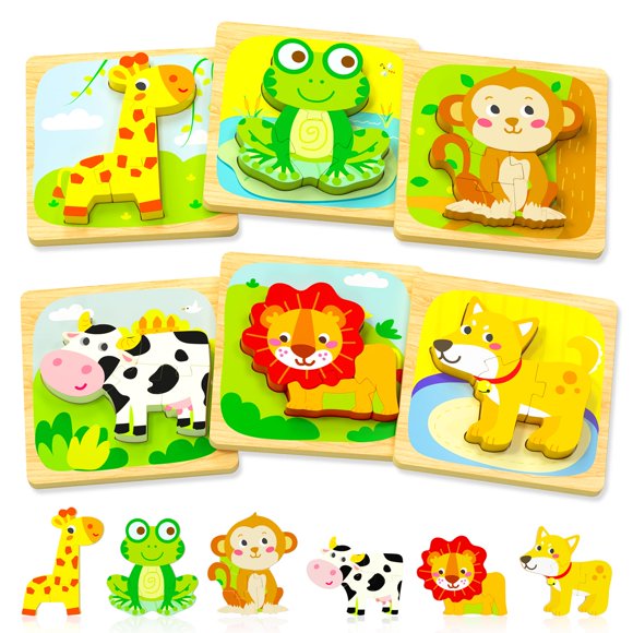 Puzles de madera para niños pequeños Benresive Animal de 1 a 3 años, paquete de 6